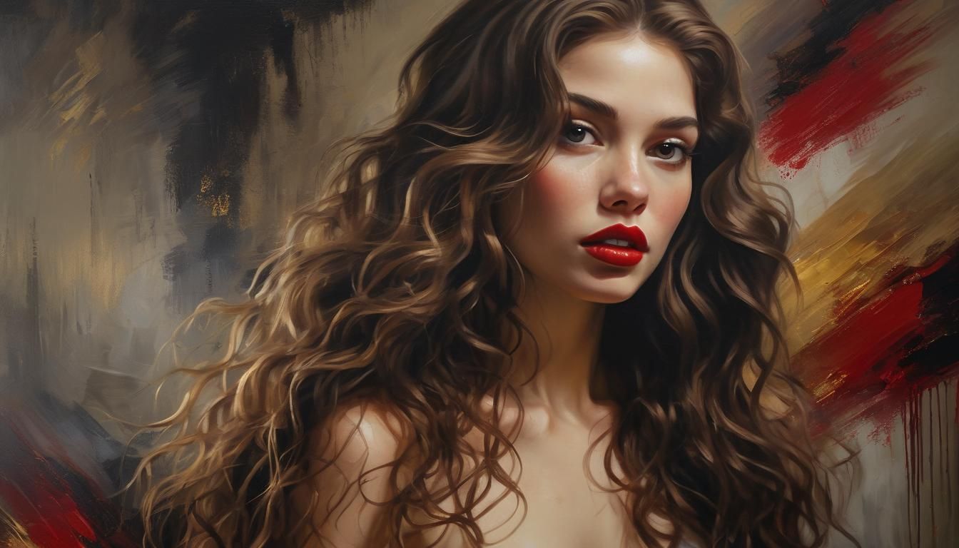 Glamorous Woman with Red Lipstick as Oil Painting
