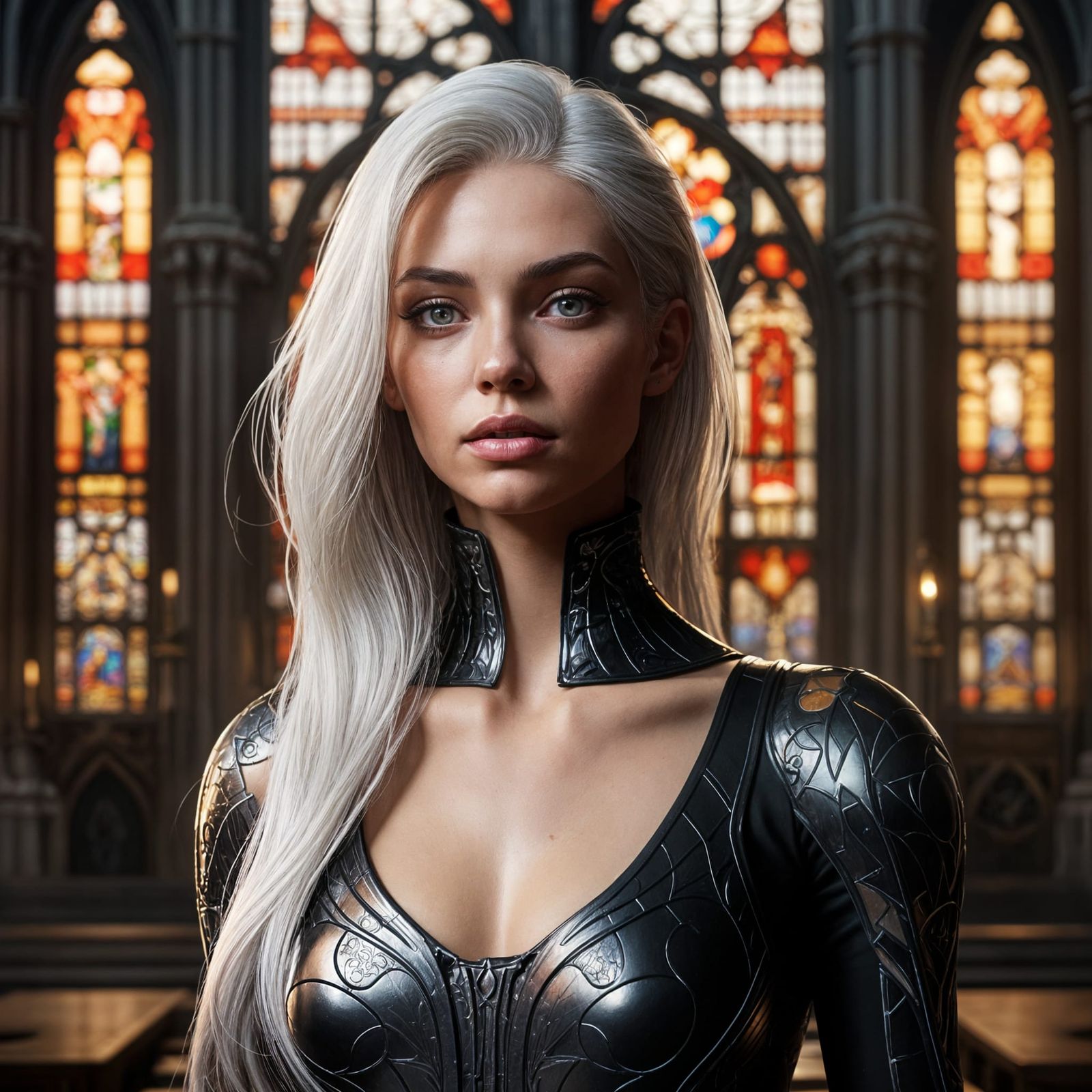 Silver Skinned Woman in Gothic Cathedral, Digital Art
