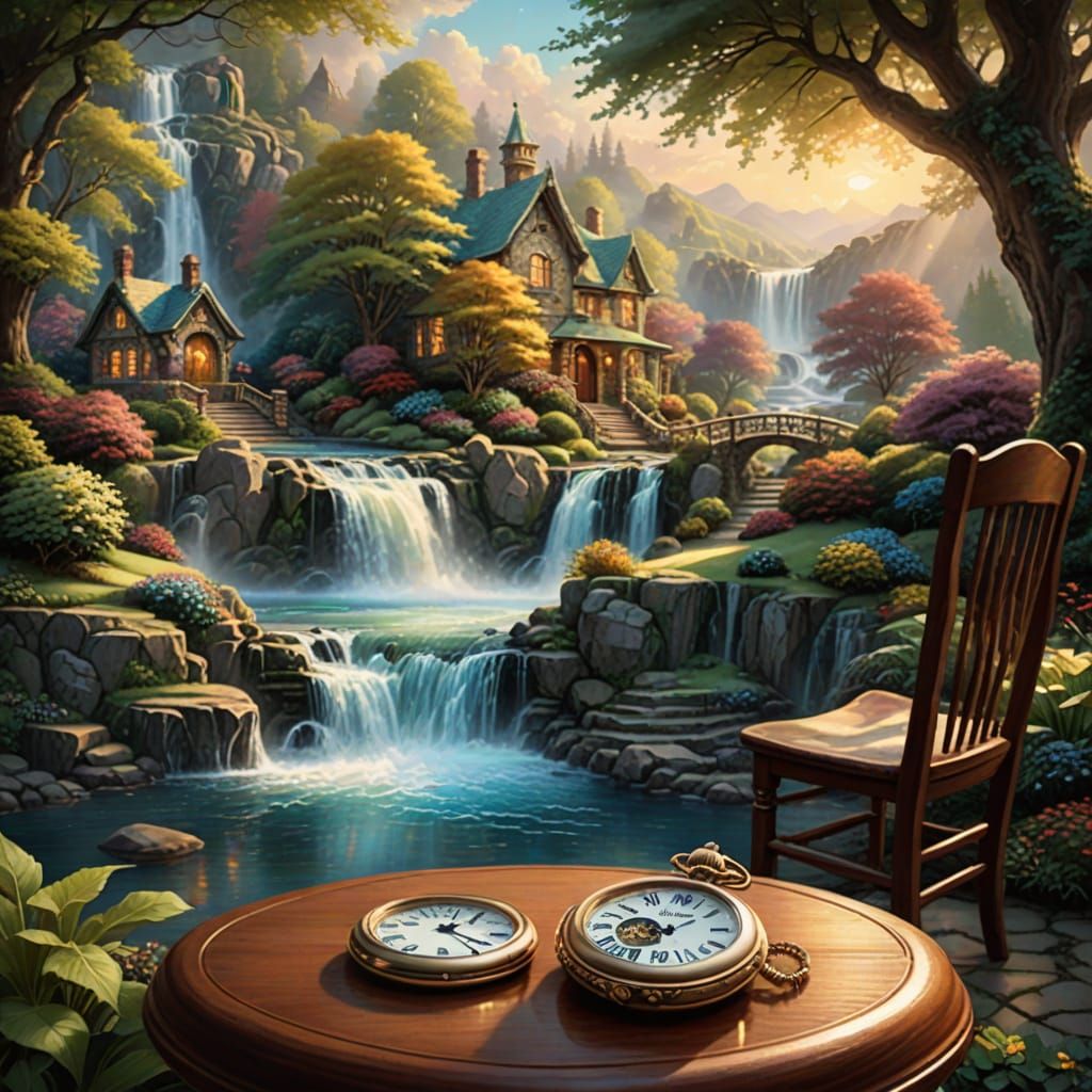 Idyllic Waterfall Scene Inside a Thomas Kinkade-Style Pocket...