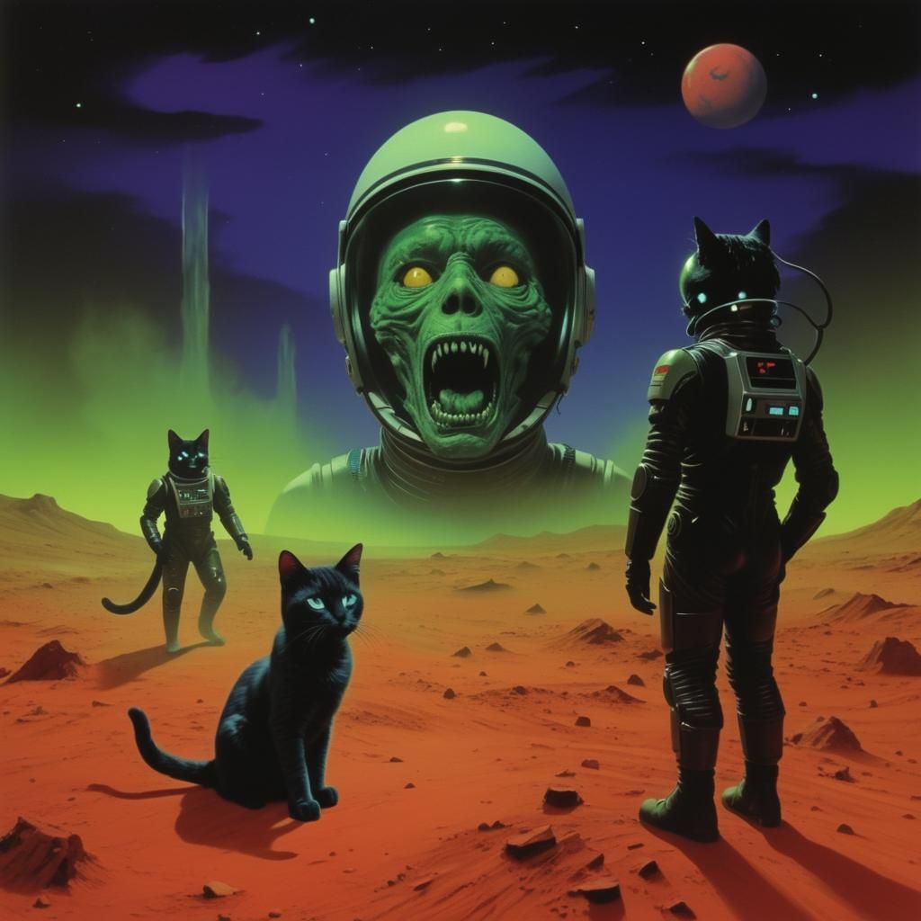 Surreal Cat People on Mars in Vaporwave Style