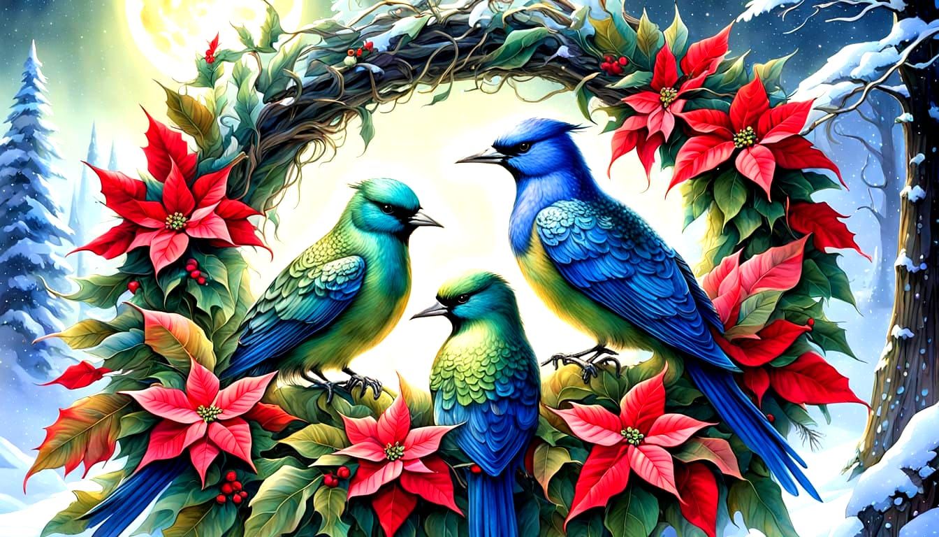 Whimsical Winter Birds in Iridescent Plumage within Cosmic G...