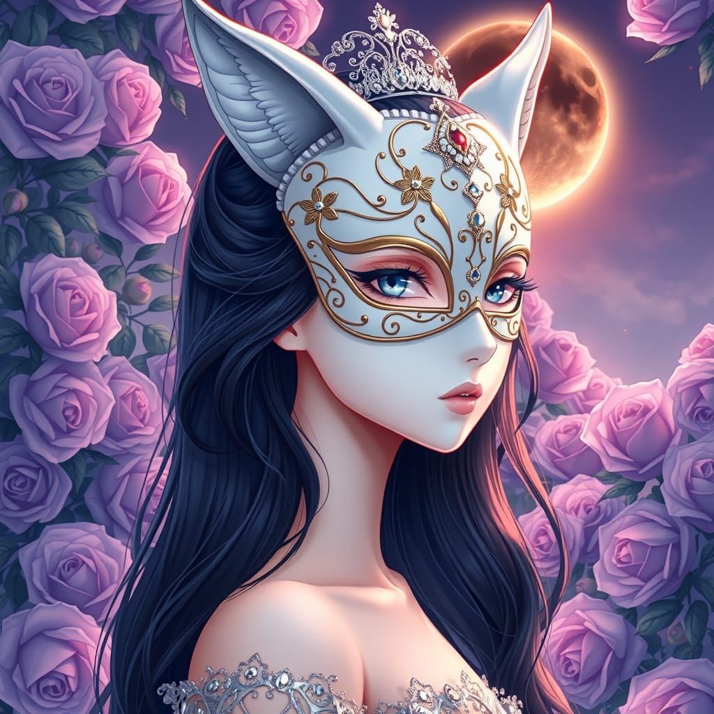 Fox Mask Woman in Anime Style Lunar Eclipse