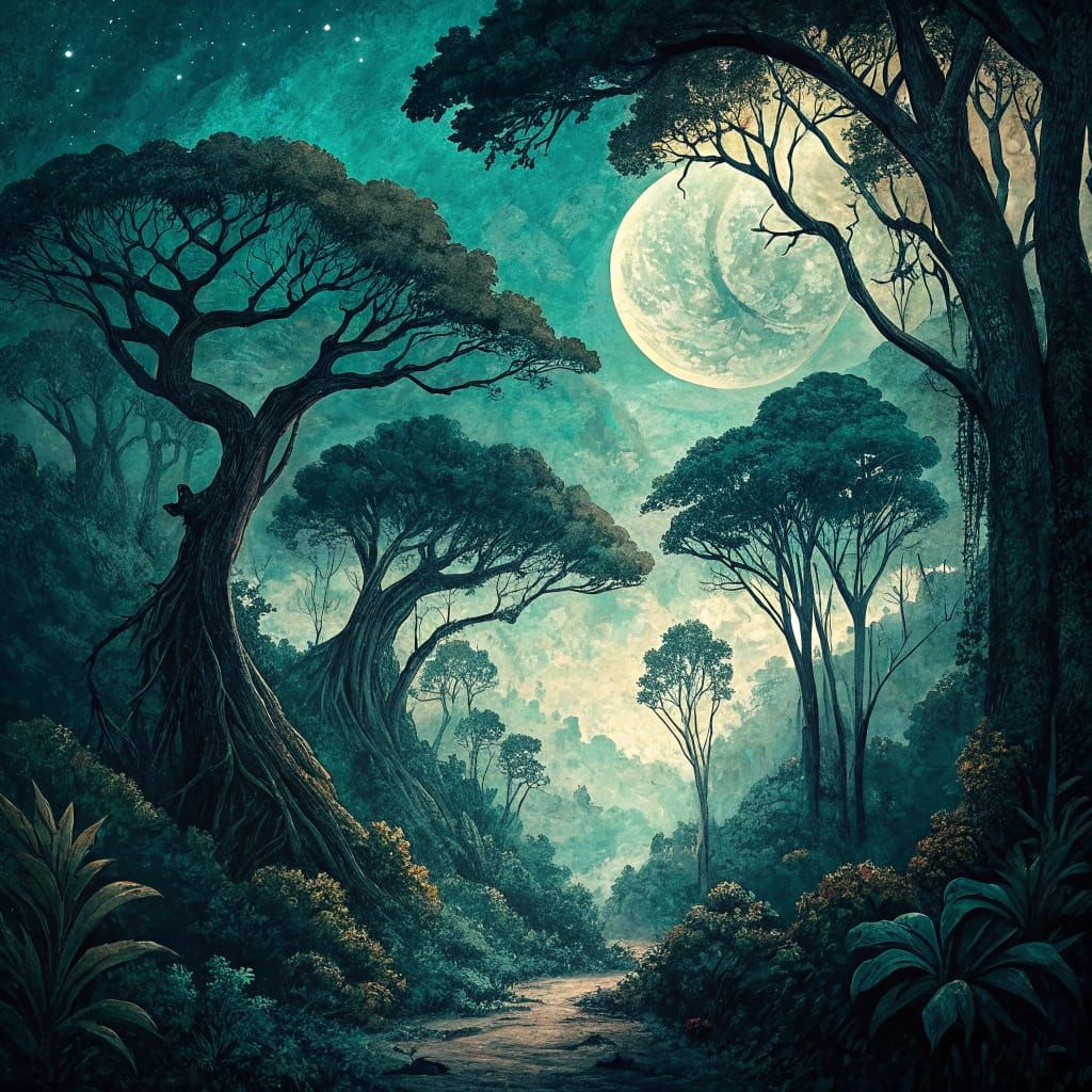 moody forest moonscape in art brut style by Stewart Edmondson, Thomas Wells Schaller and Nita Engle, meticulously entang...