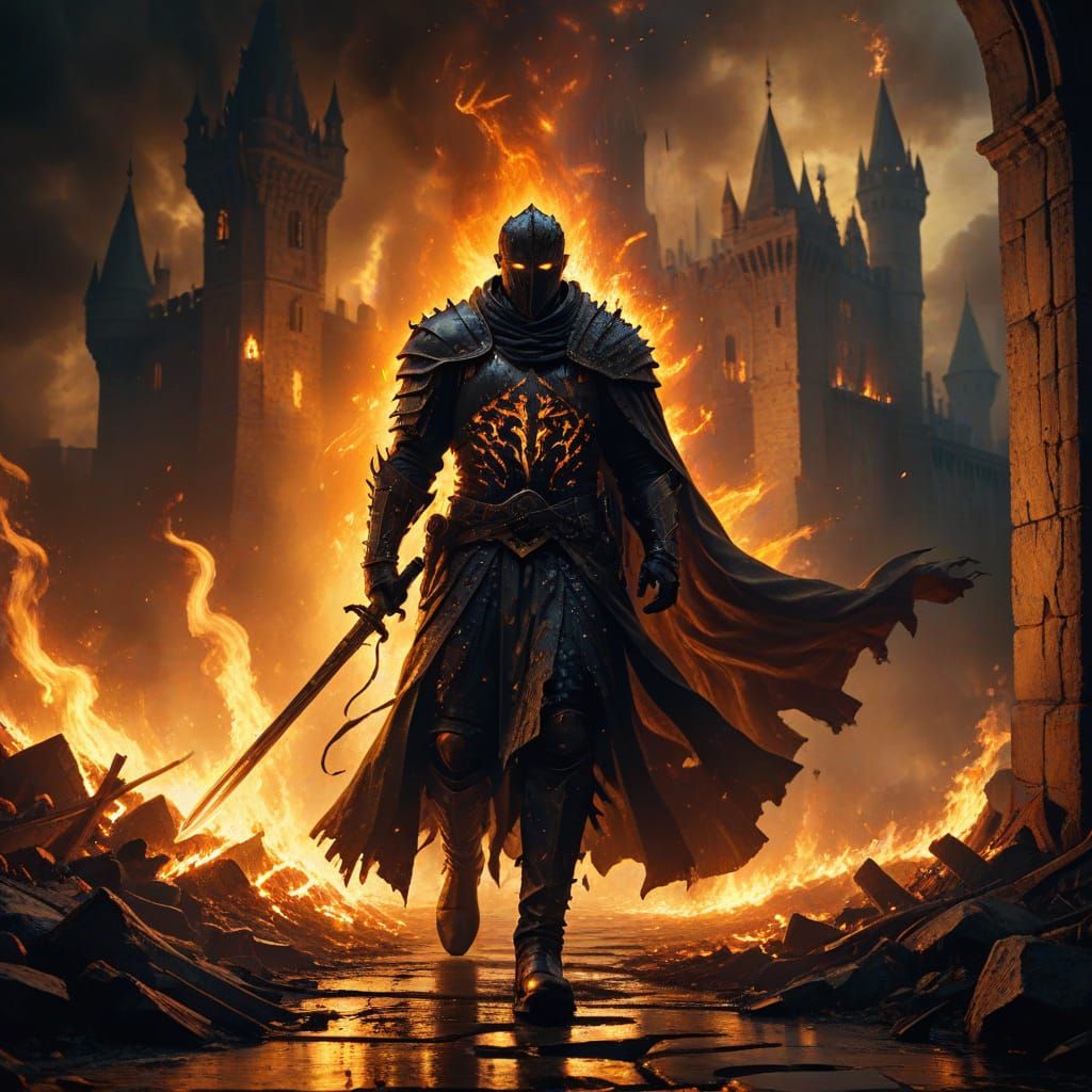 Warrior Walks Through Flames: Gothic Oil Painting