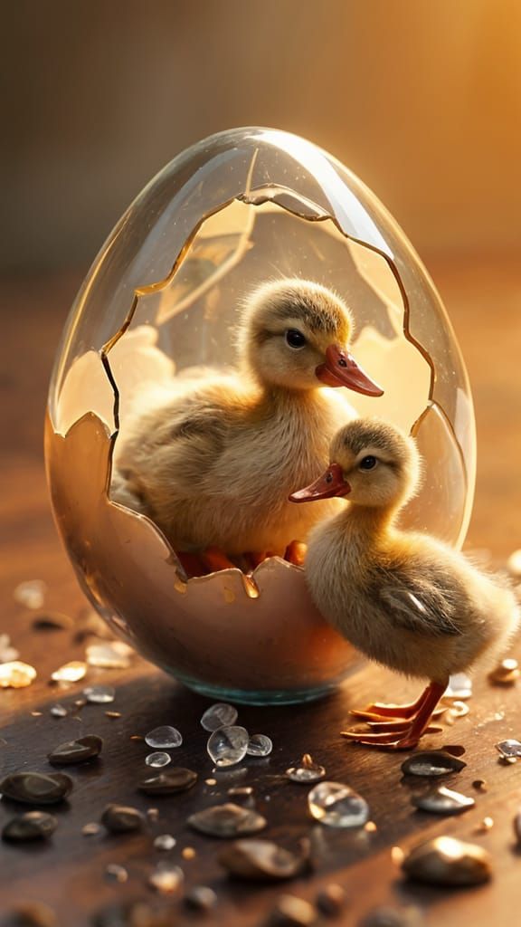 Ducklings Hatching from Glass Eggs, Hyperrealistic Render