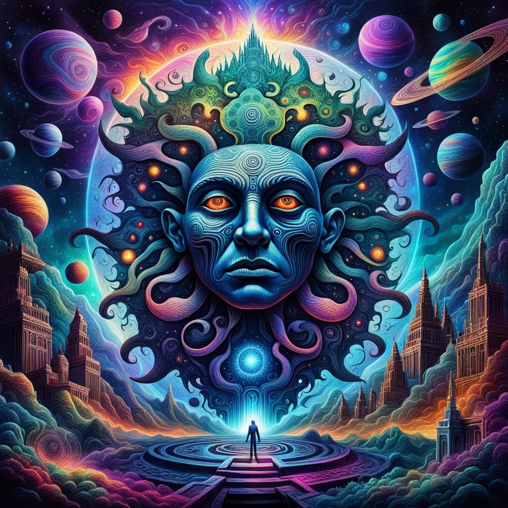 Holographic Cosmic Realm Illustration in Mixed Media