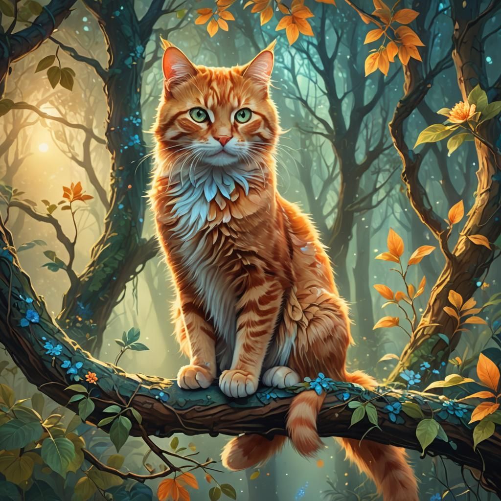 Orange Cat in Mystical Forest: Digital Art