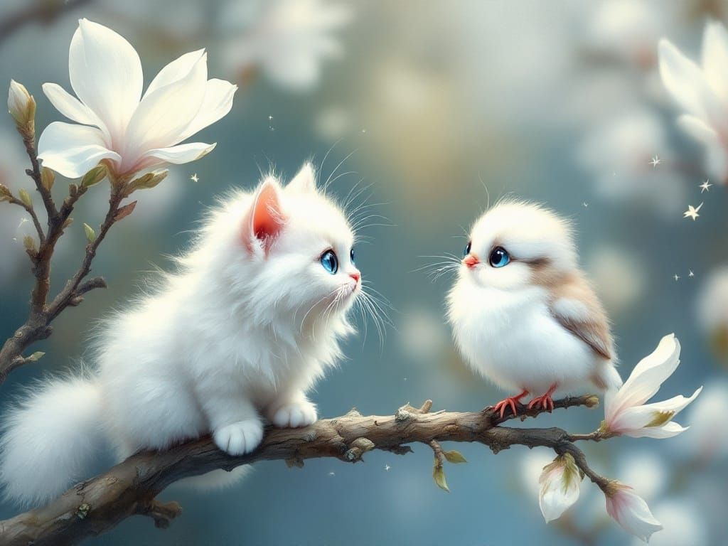 Adorable Chibi Cat Stares Down Fluffy Songbird on Magnolia B...