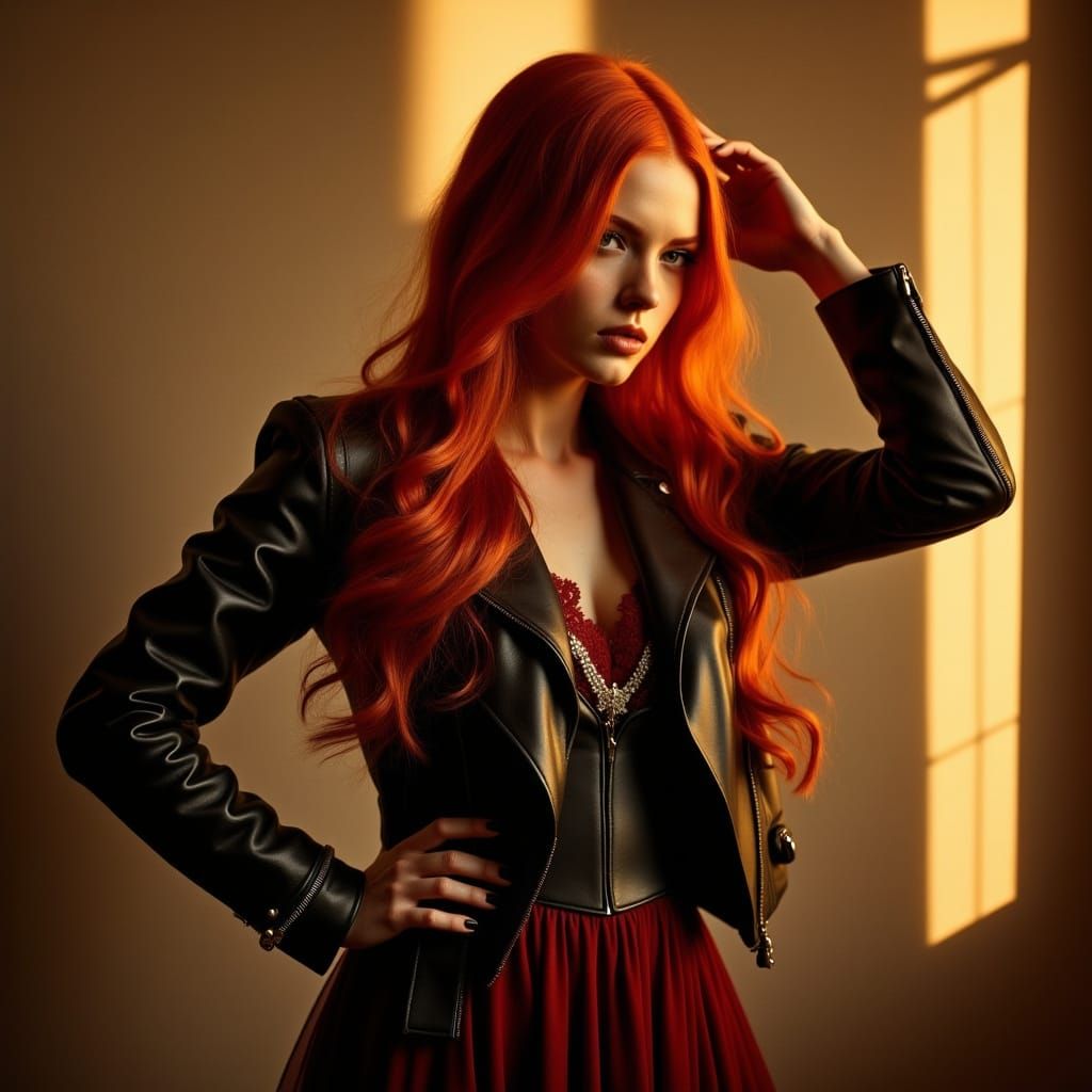 Sultry Red-Headed Siren in Leather and Lace