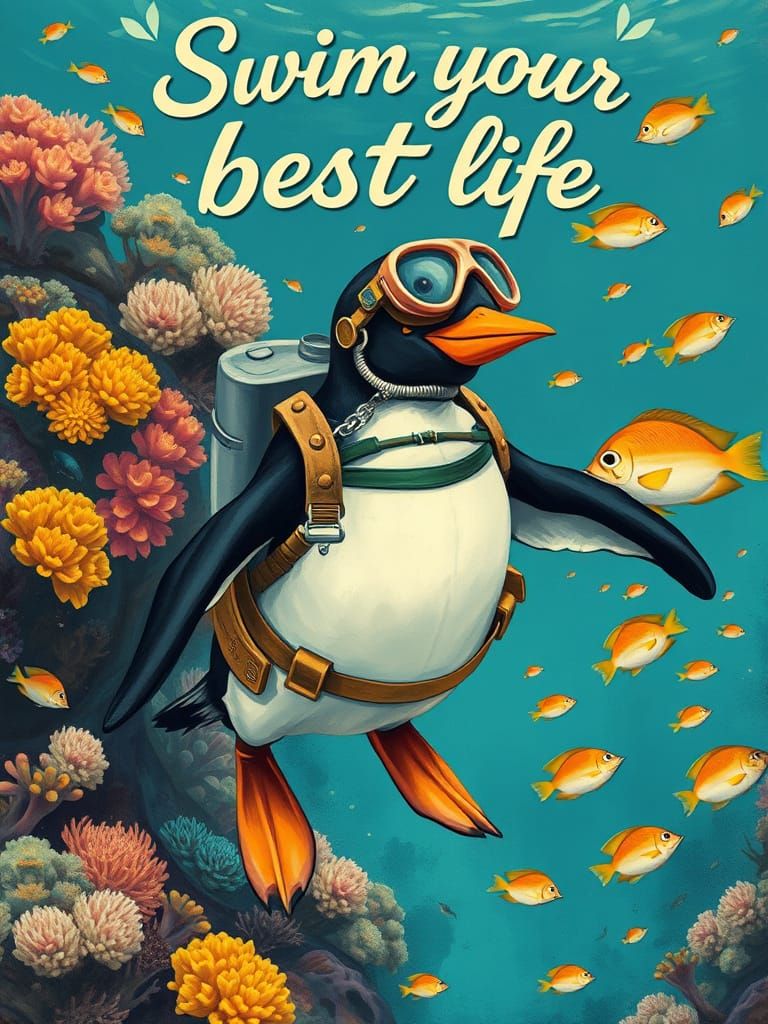 Vintage Penguin Diver on Coral Reef Travel Poster