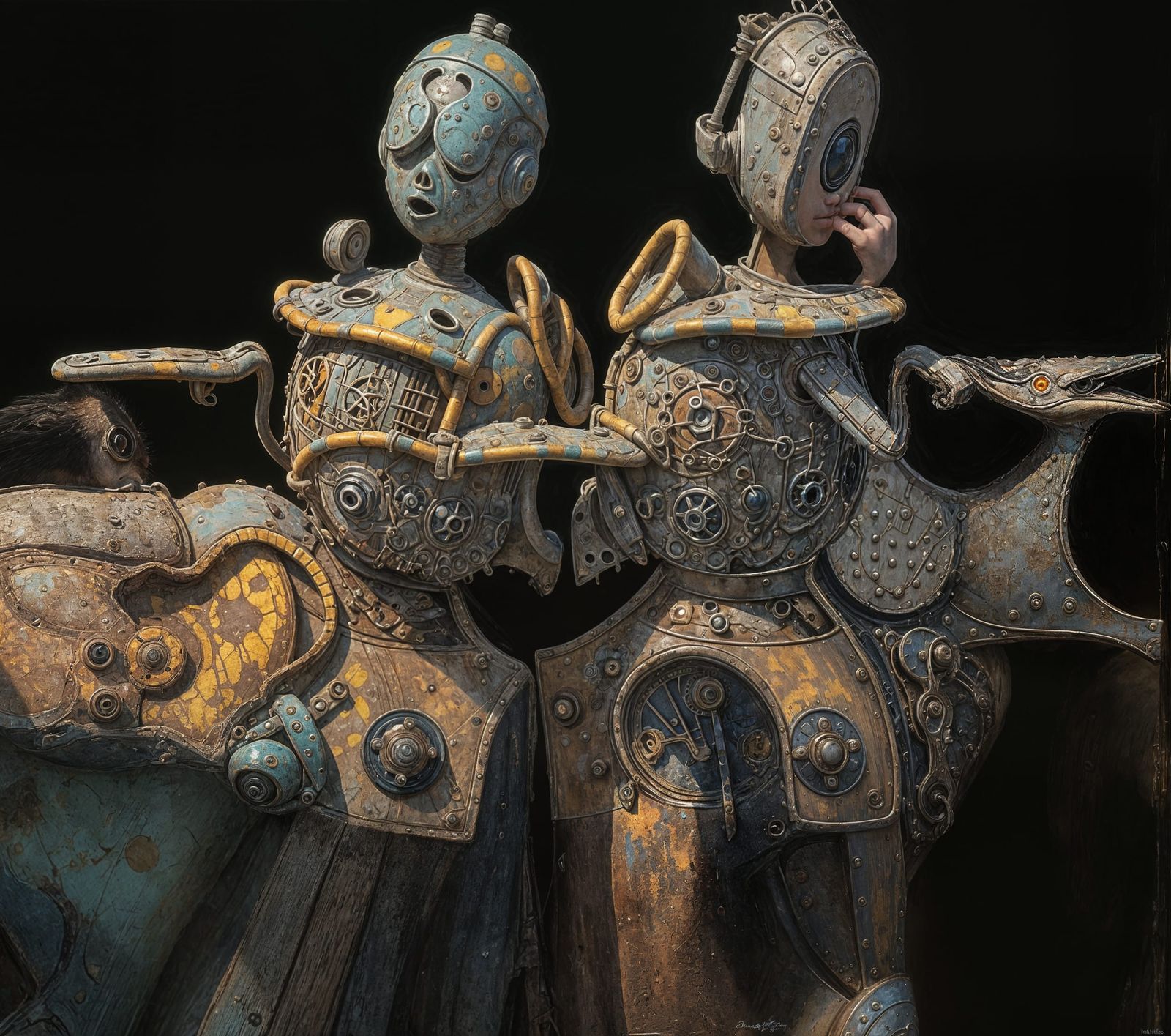 Grotesque Creature Emerging From Metal Wall, in Watercolor S...