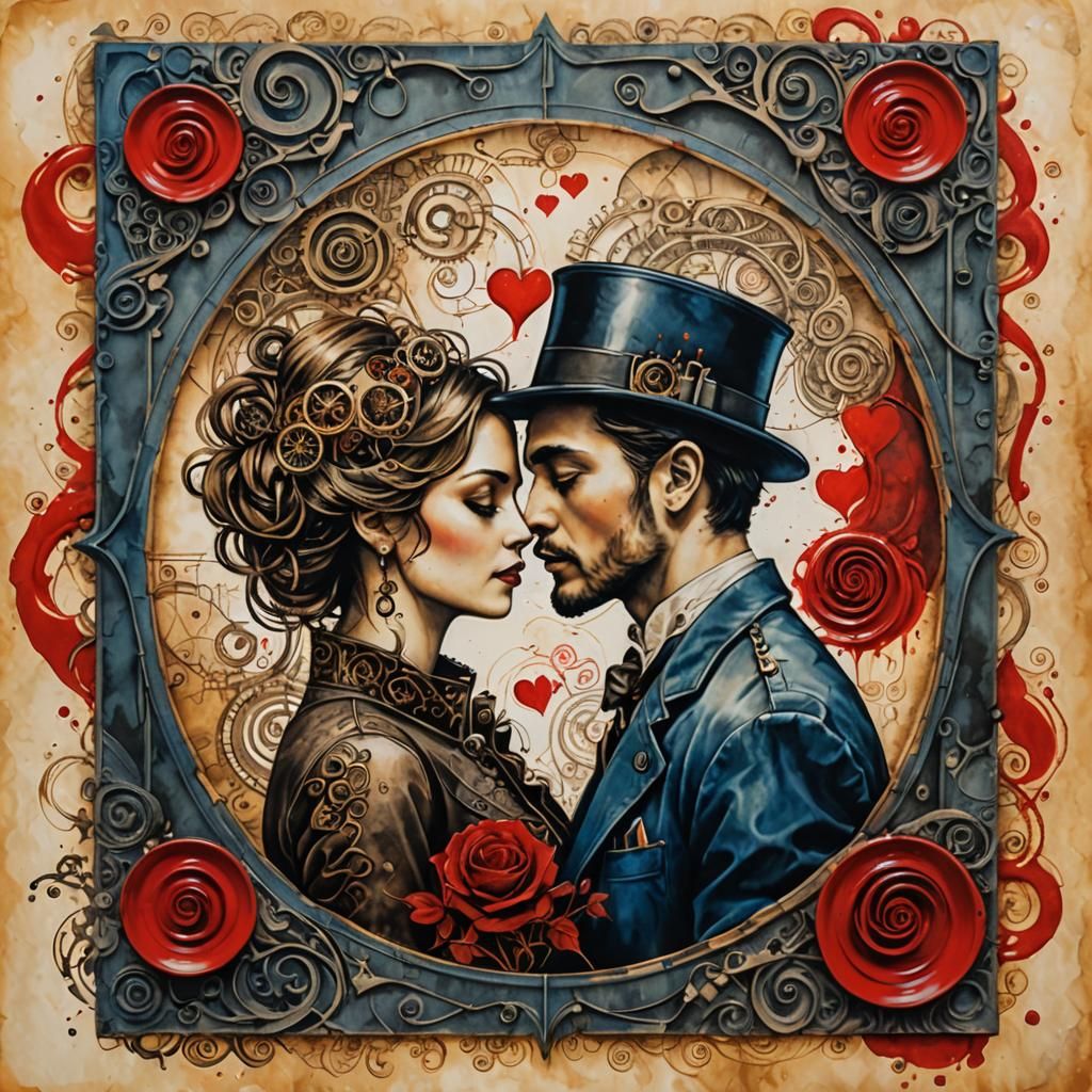 Blueprint Couple with Steampunk, Surrealist Elements