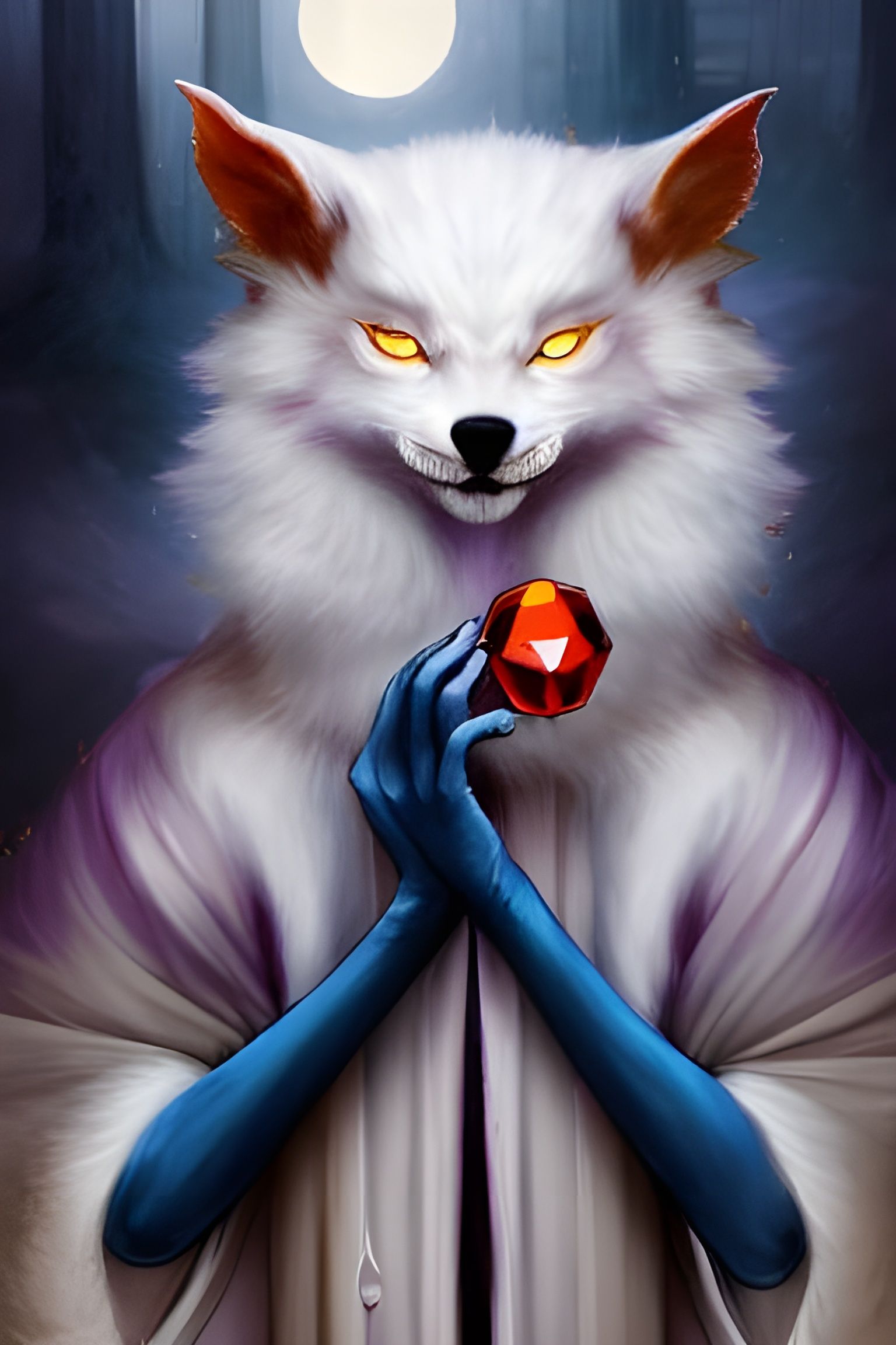 Don't blink - Detailed Portrait of a cute possessive evil kitsune with fluffy white bloody fur and big glowing blue eyes...