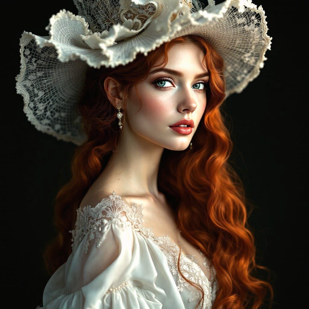 A Stunning Victorian Lady in Elegant Hat and Dress