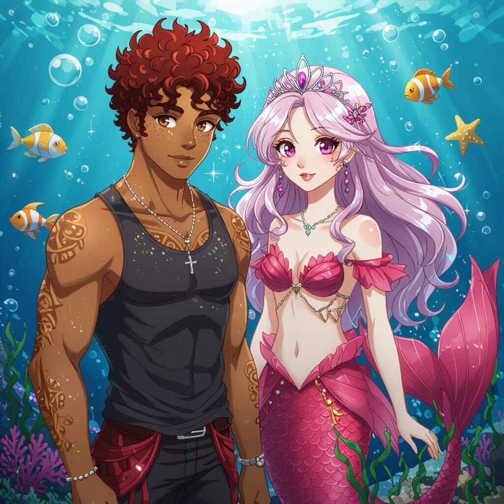 Anime Merman and Mermaid Swimming in Ocean