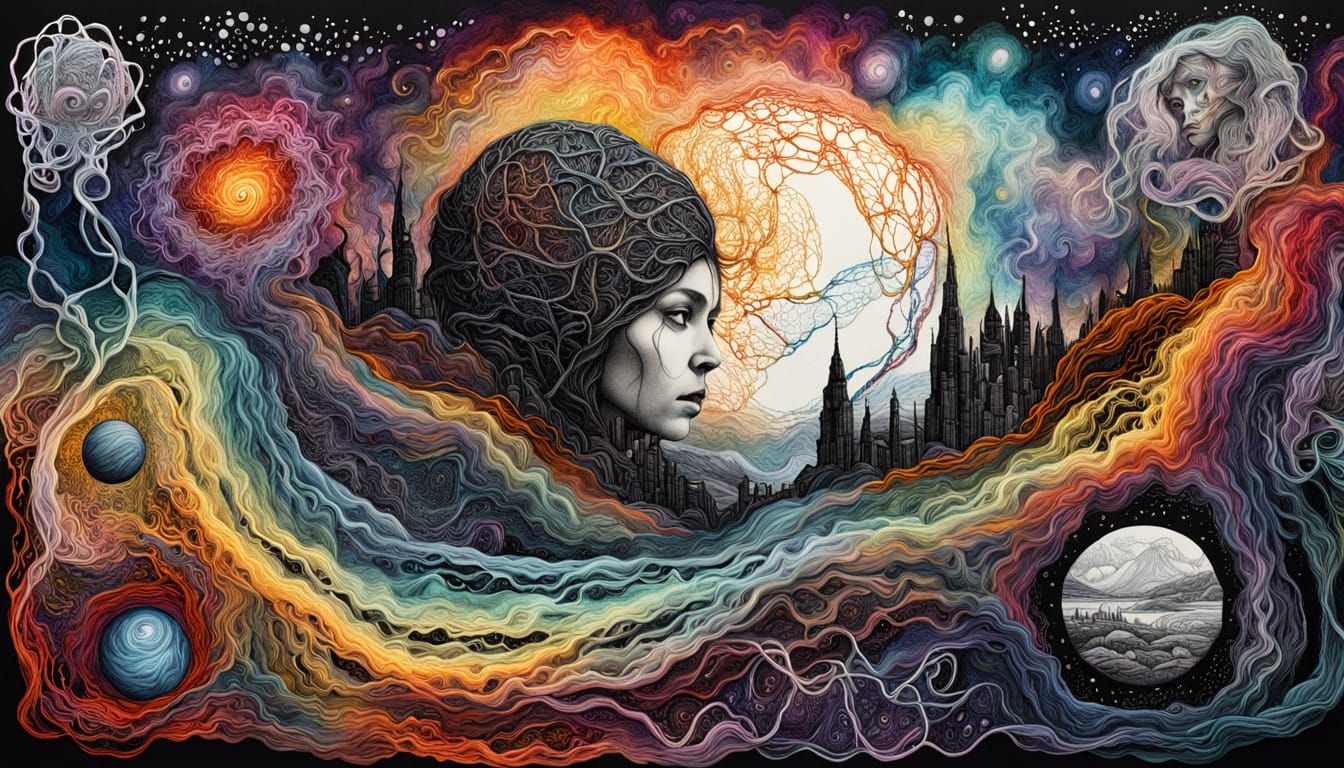 Knitted Quantum Universe in Surreal Ink Style