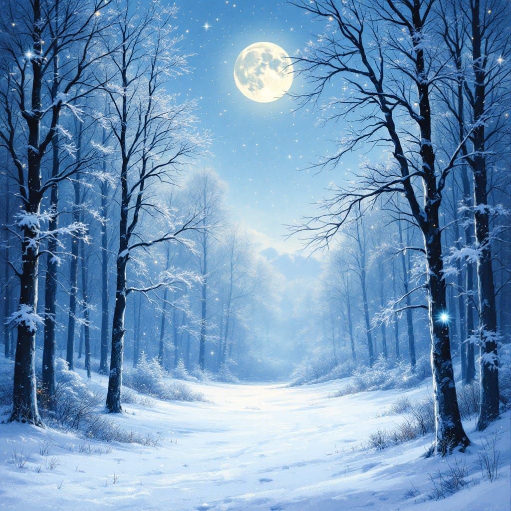 Tranquil Winter Forest Clearing Under Starry Sky