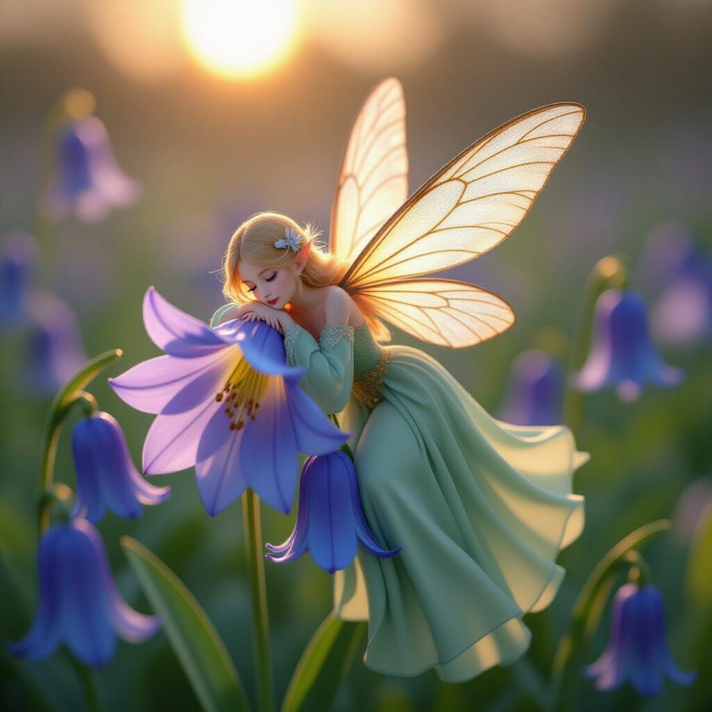 Fairy Resting in Bluebell Flower at Golden Hour