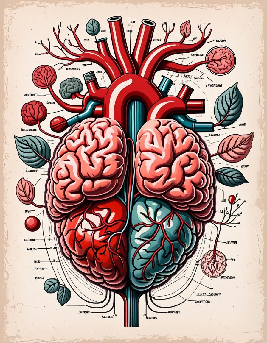 Vintage Anatomical Diagram of Human Brain and Heart