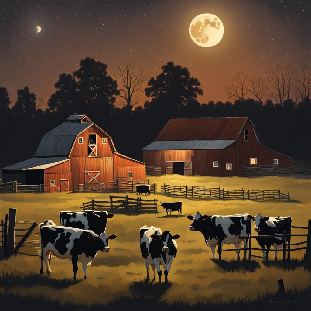 Nighttime Barnyard Scene with Cows and Moonlight