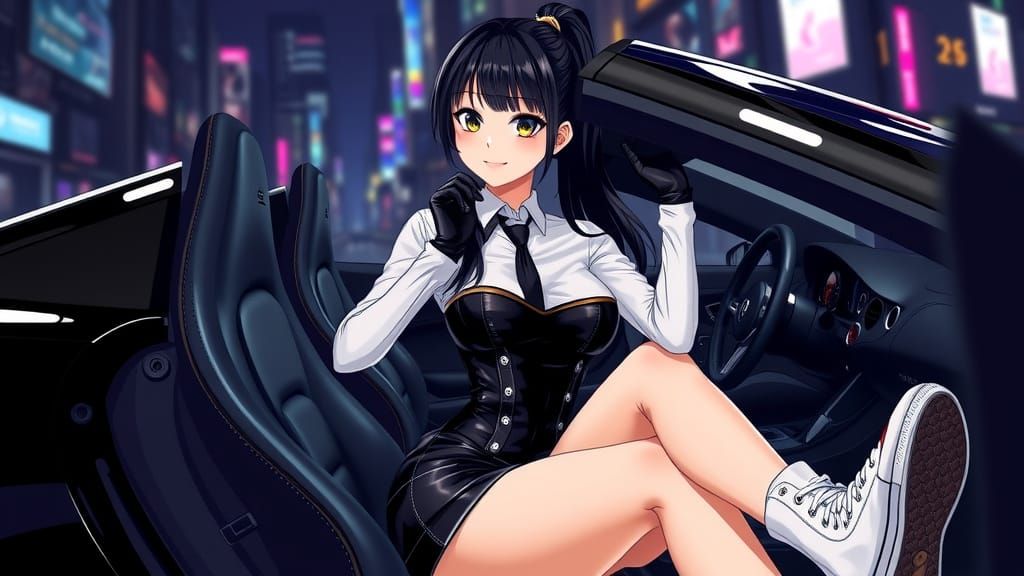 Anime Woman in Sports Car, Pop Art Style