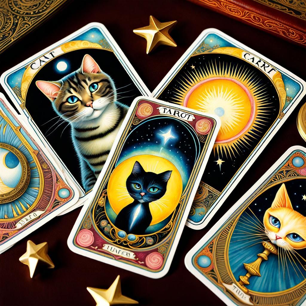 Cat tarot Deck of tarot cards magician Stipple sun moon stars Mutiara Tinatun", Lowbrow Graphic Fantasy by Ray Cesar, Ma...