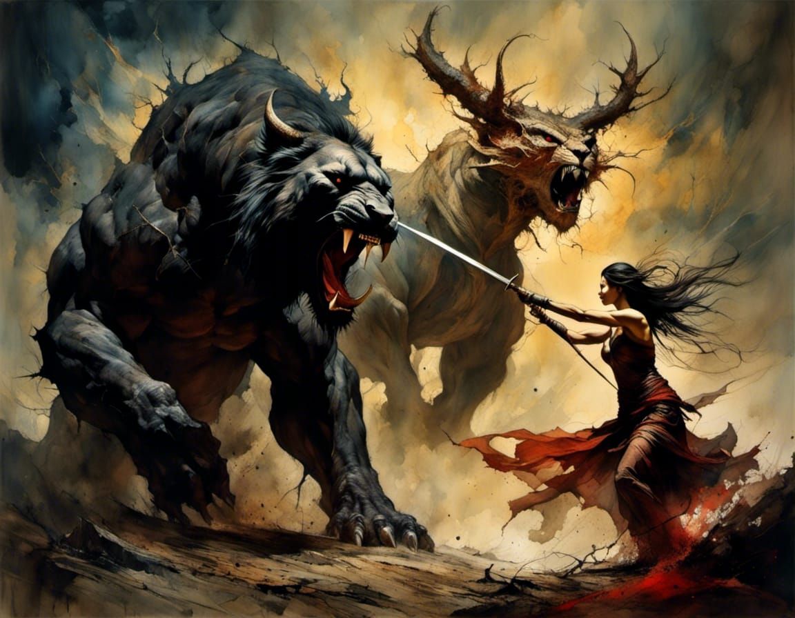 Warrior Woman Battles Beast in Dark Fantasy Style