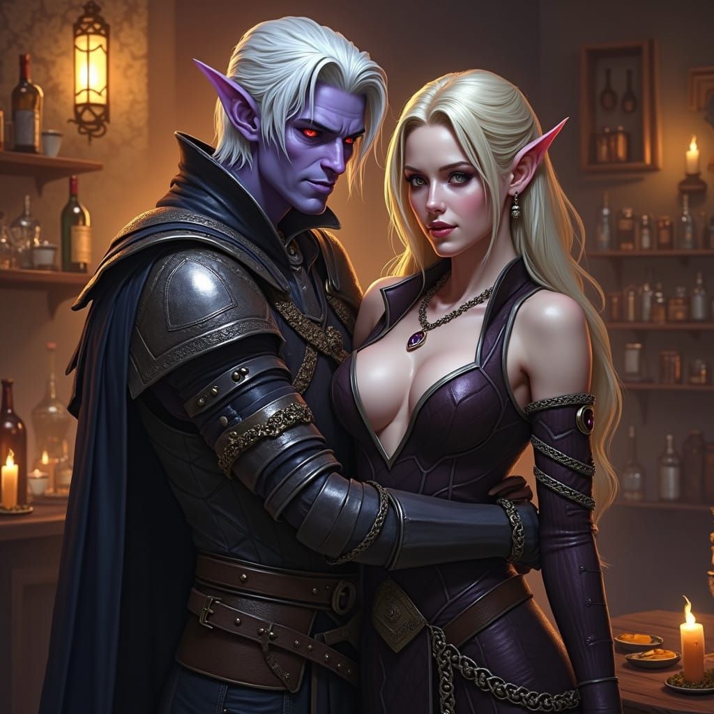 Dark Fantasy Tavern Scene with Drow Warrior and High Elven B...
