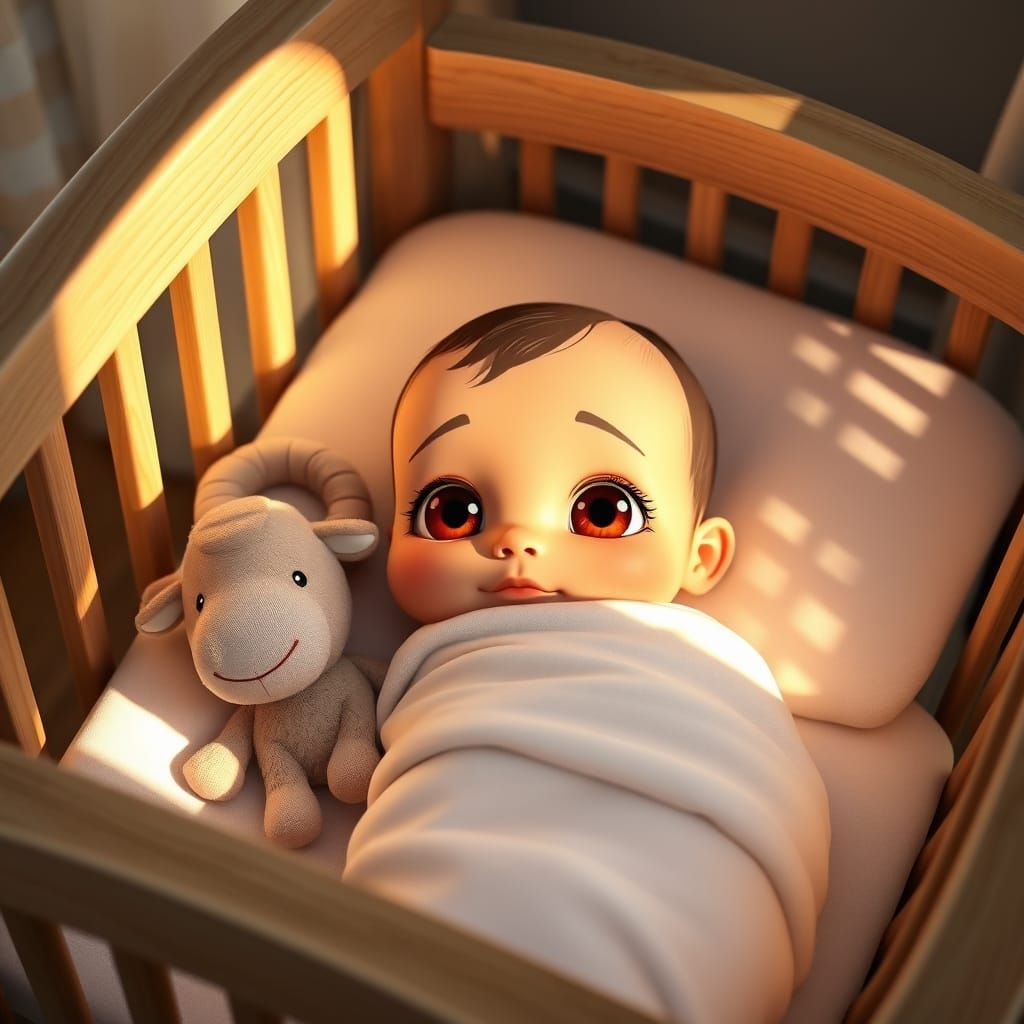 Newborn Baby in Crib: 3D Pixar-Style Render