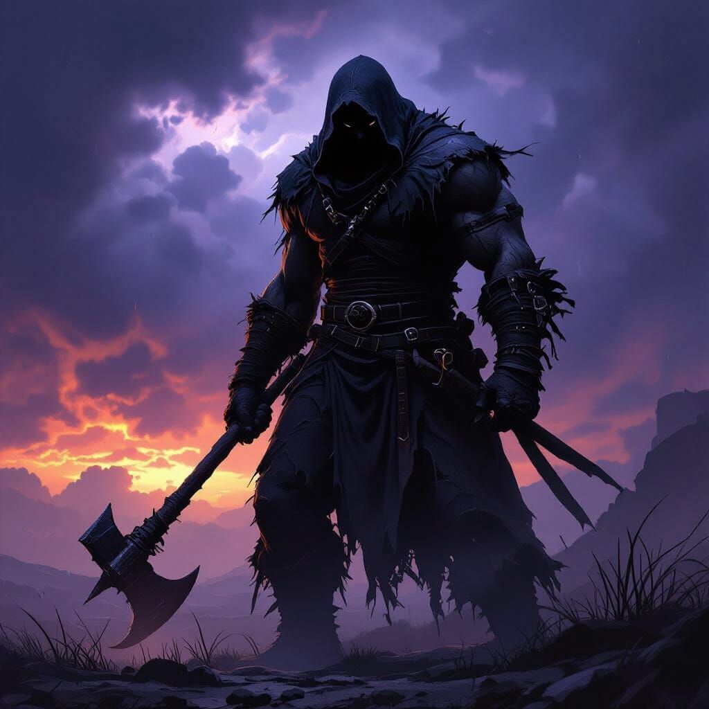 Dark Fantasy Warrior in Stormy Silhouette