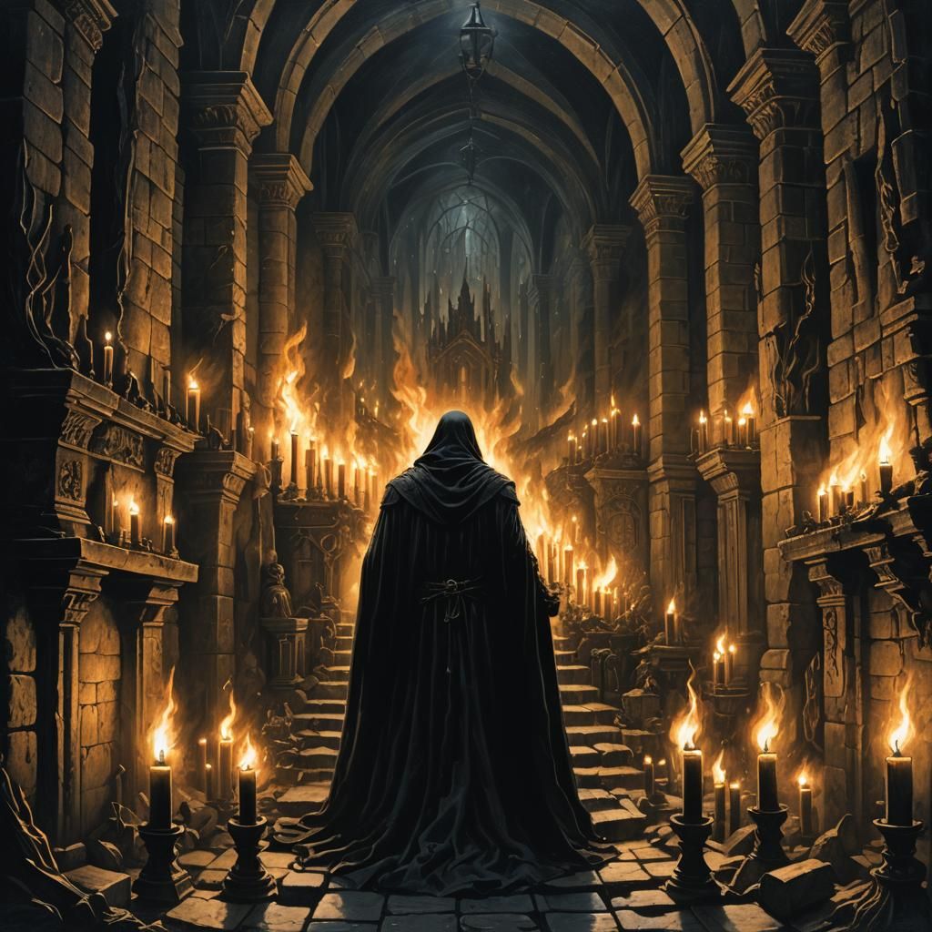 Eerie Chamber: Dark Figure with Black Flame Candles