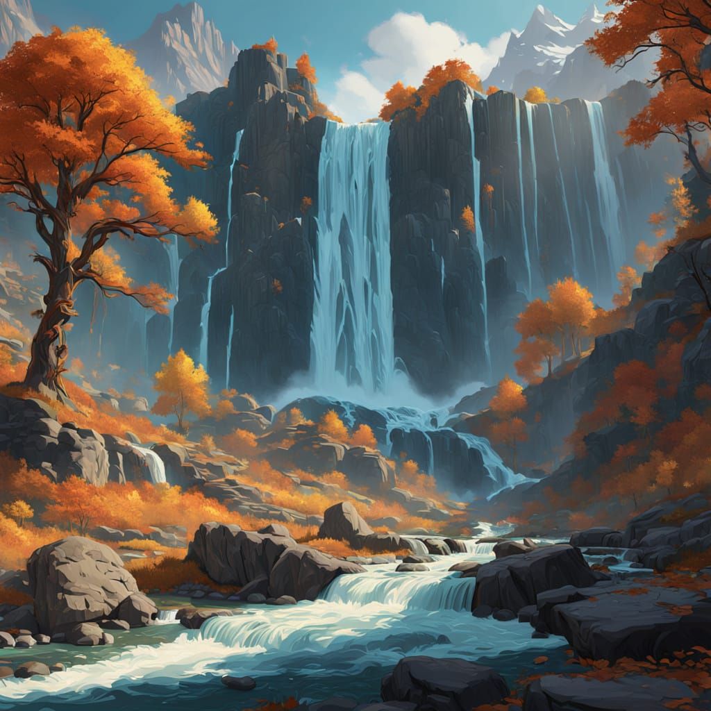 a waterfall in the mountains during autumn 83