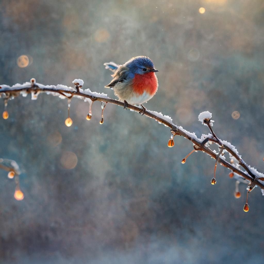 Winter Bird in Klimt-Inspired Sunrise Wonderland