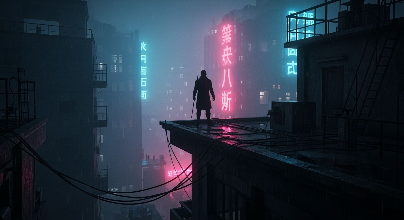 Shadowy Figure on Rooftop Overlooking Neon Cityscape