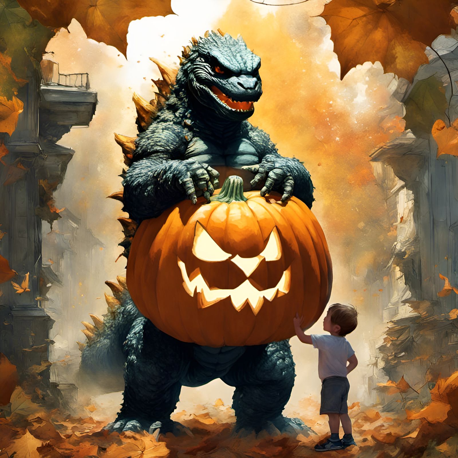 Adorable Godzilla Hugging Giant Pumpkin Portrait