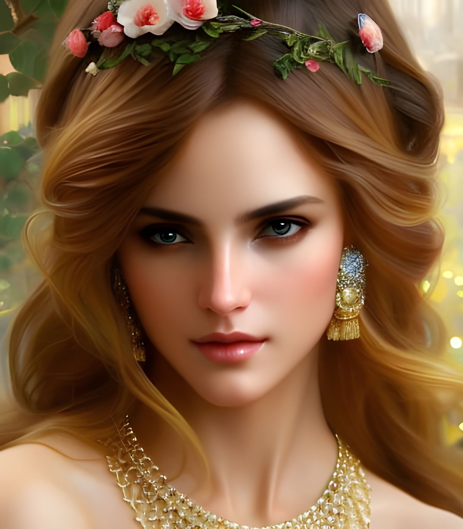 Elegant Goddess with Golden Hair in Oil Painting Style