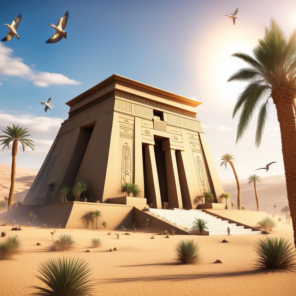 Egyptian Temple in Desert Oasis with Waterfall