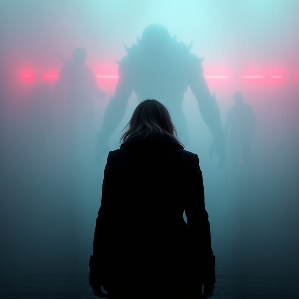 Surreal Woman Faces Fearsome Creature in Dark Fog