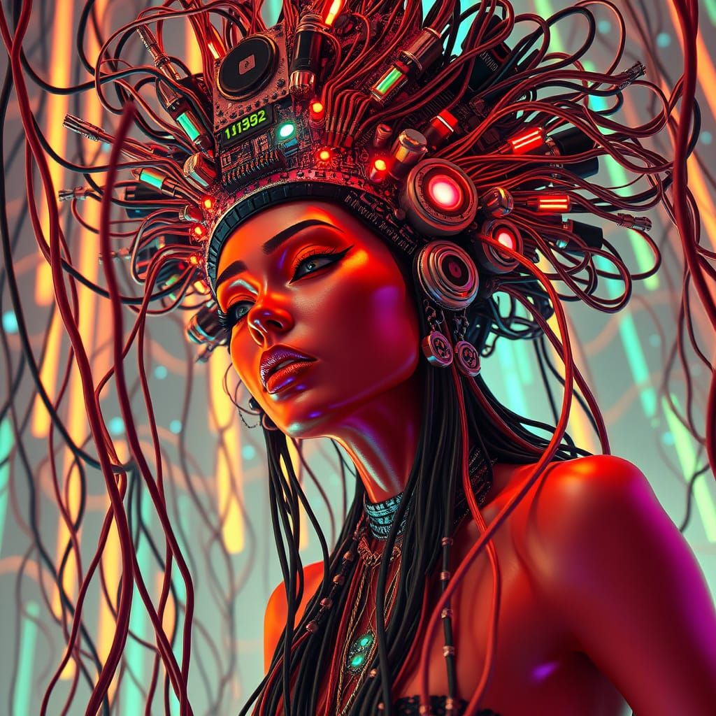 Cyberpunk Goddess with Synth Cables and Roots