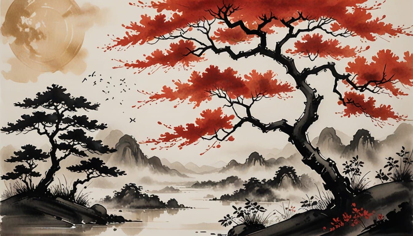 Dreamy Red Maple Tree in Whimsical Moonlight