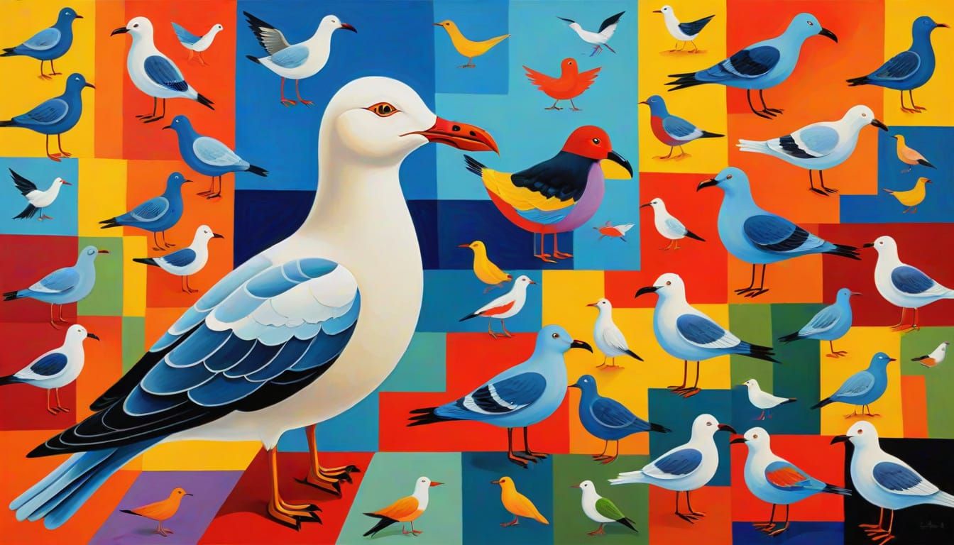 Surreal Whimsical Gull Painting in Vibrant Patchwork Textile...