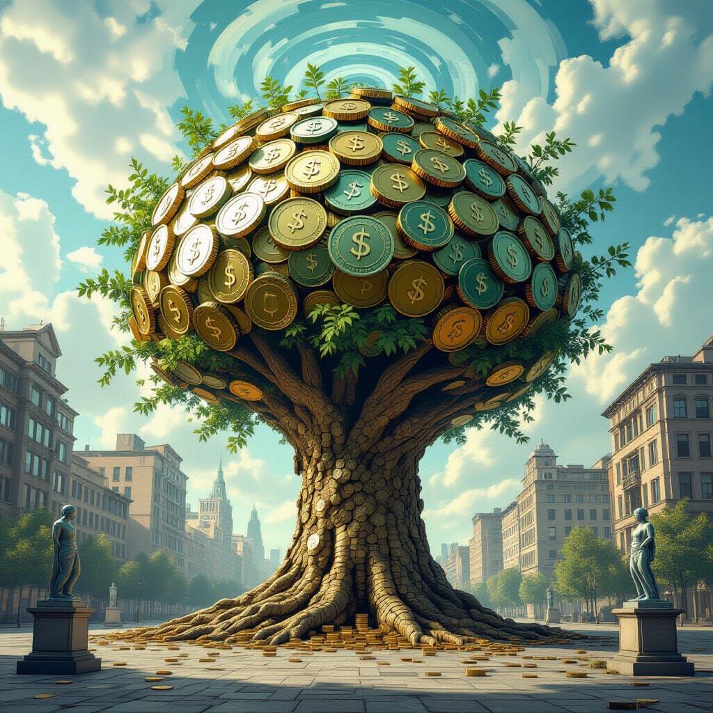 Ancient Tree of Coins in Desolate City Plaza