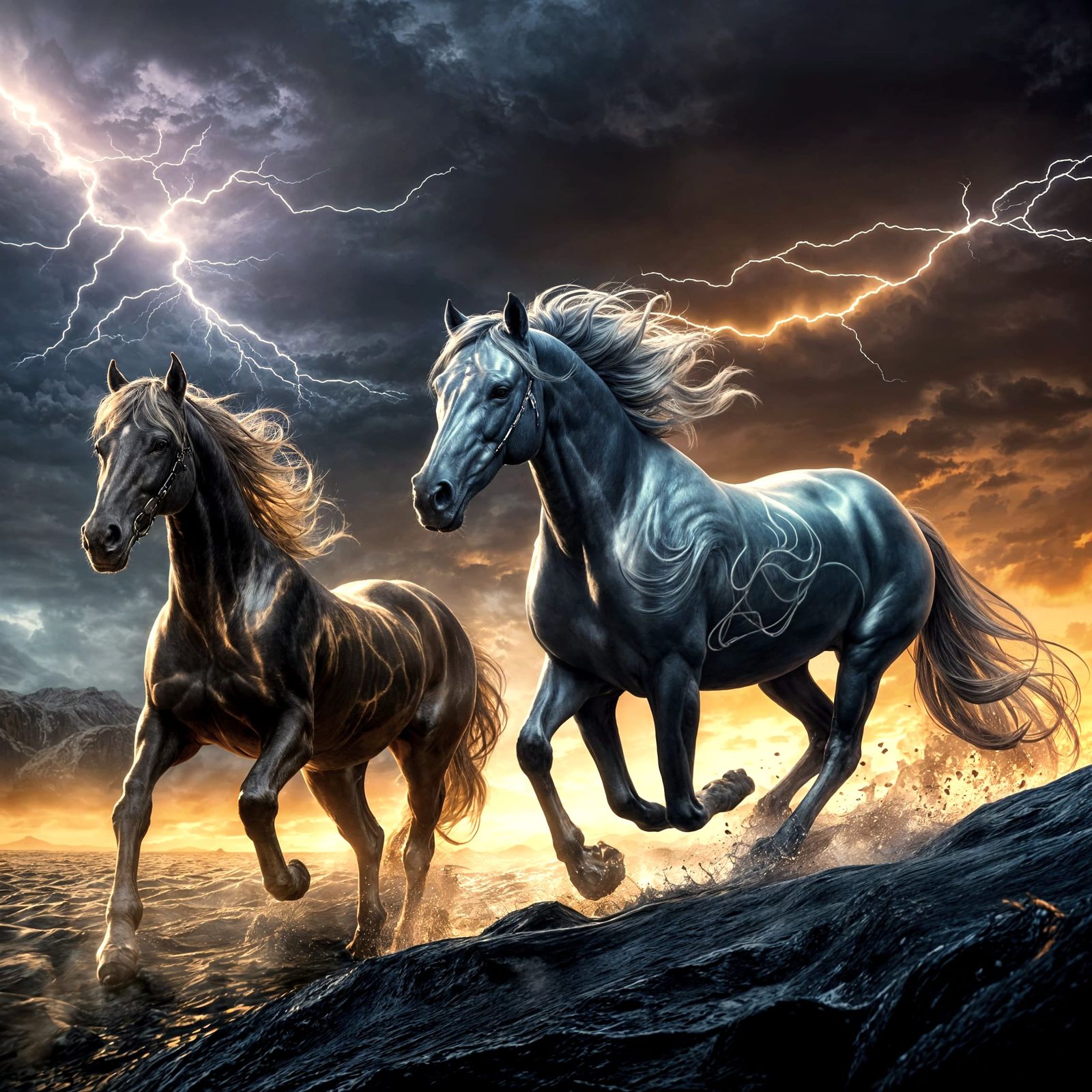 Horses Prance in a Silver Storm: Digital Painting