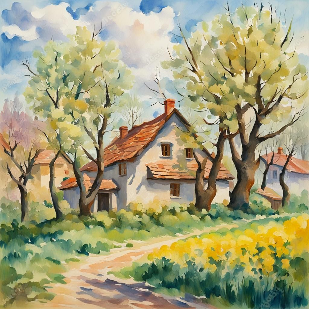 Spring Village in Gouache Style Watercolor