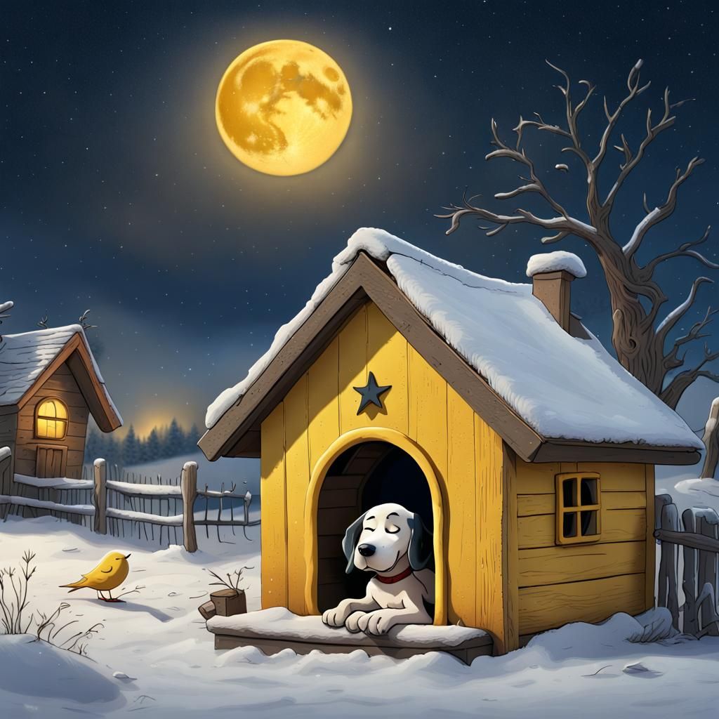 Dog and Bird on Snowy Doghouse Under Moonlit Sky