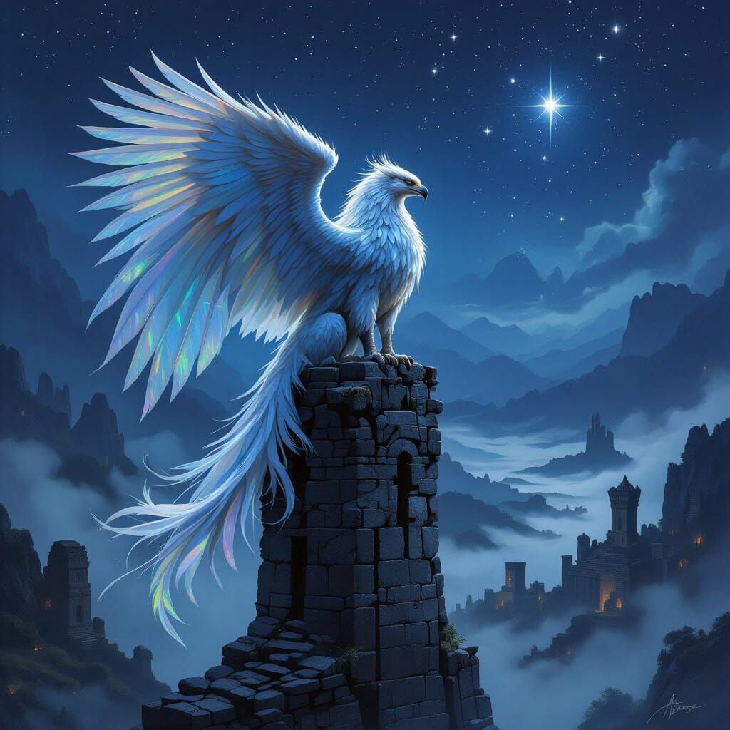 Majestic Griffin on Obsidian Tower in Starry Night