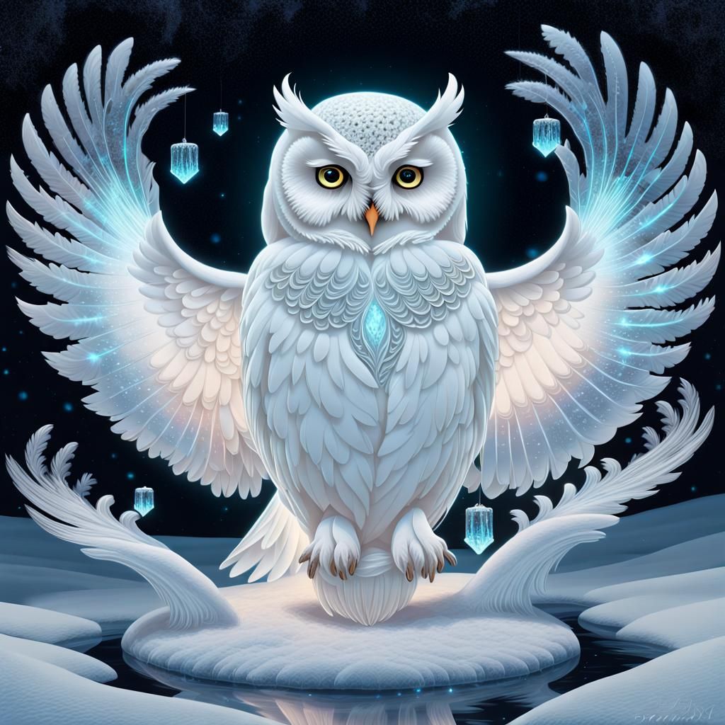 Elegant White Queen with Bioluminescent Owls
