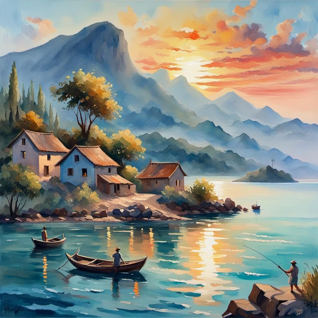 Island Sunset: An Impressionist Gouache Watercolor Painting