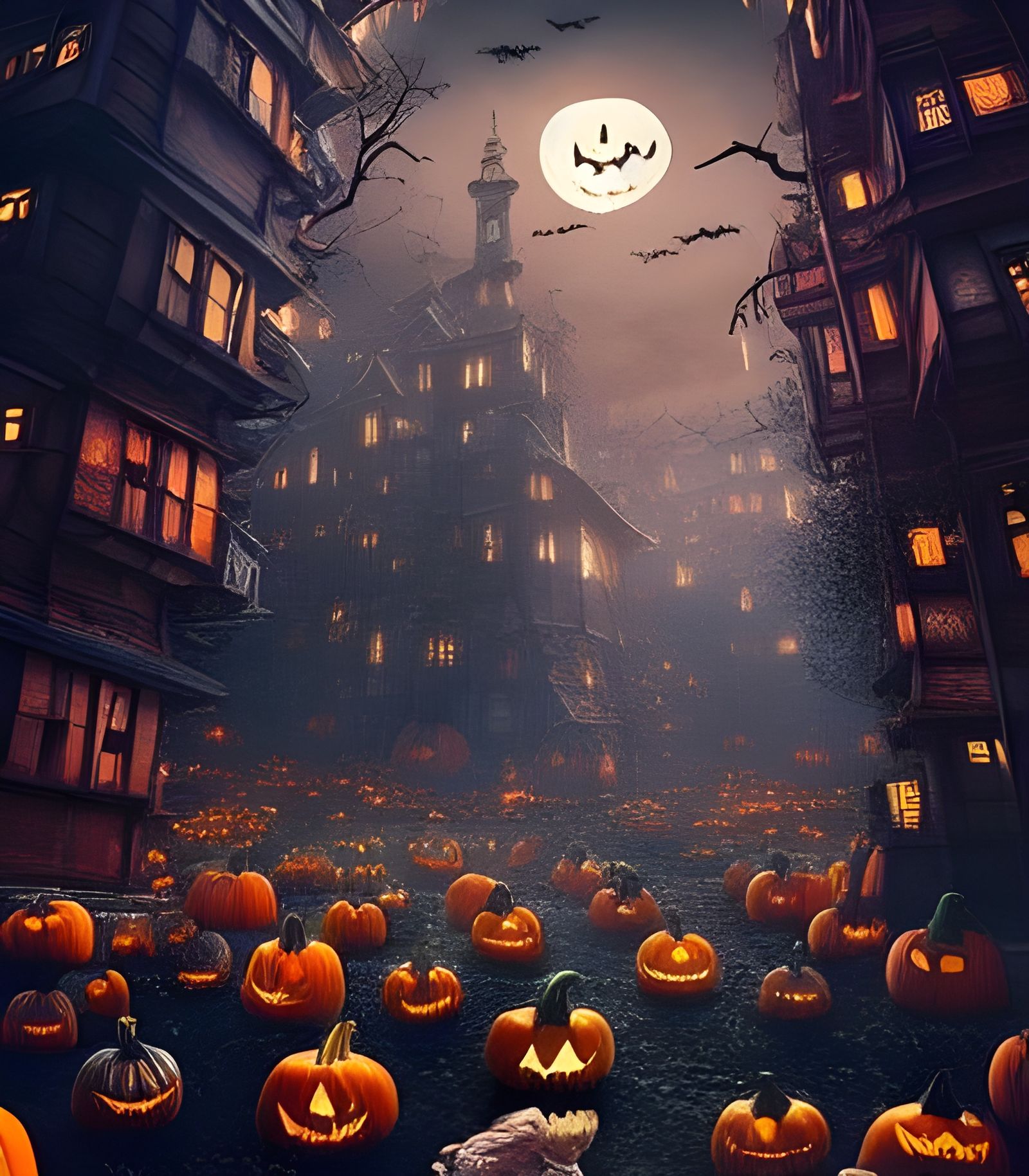 Epic Halloween Pumpkin City in Biopunk Style