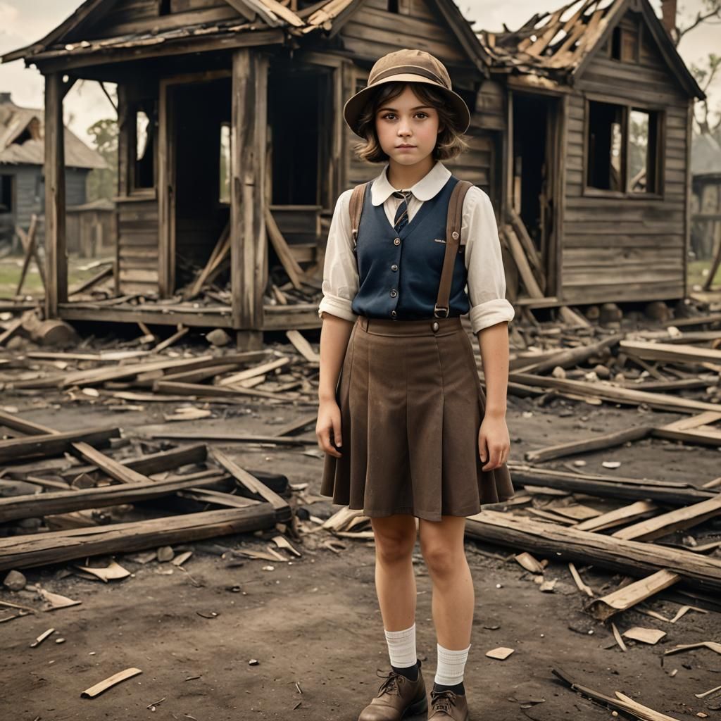 Chic Girl in 1920s School Uniform with Cottage